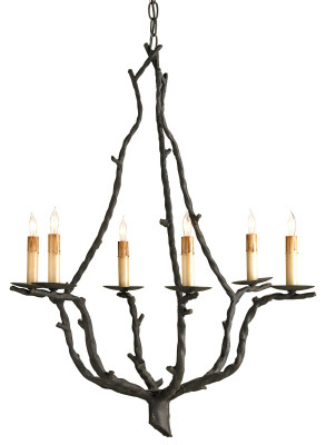 Currey & Co Soothsayer Chandelier
Dimensions: 26rd x 32h
Number of lights: 6
Hand forged techniques are used to create this slightly nonsymmetrical 6 foot chandelier. A familiar shape is created with a different approach in material and styling.