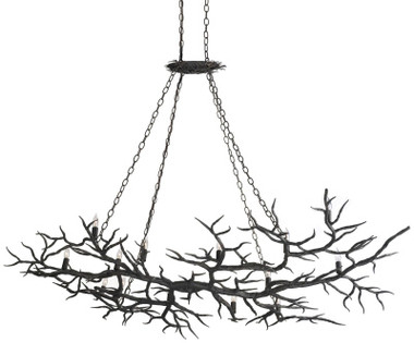 Currey & Co Rainforest Chandelier
Dimensions: 74w x 47d x 78h
Number of lights: 14
Tree branches are horizontally hung from the ceiling and lit with 14 candle lights. Actually, this hand forged fixture is designed to offer a unique perspective of our metal working craftsmanship.