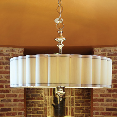 Global Views Fluted Pendant Enormous
Dimensions: 46"DIA x 36"H
*Oversized Item, White Glove Delivery, Crated
Holds eight 60W candelabra bulbs
Includes 16" decorative chain
Round fluted drum hardback shade with; white faux silk trim and silver braid
Polished nickel canopy
Polished nickel finish
The Enormous Fluted pendant has a fabric covered diffuser on the bottom. All other size pendants have perforated metal diffusers.
