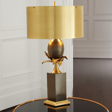 Global Views Egg and Palm Lamp--Brass/Bronze
Dimensions: 17.75"DIA x 36.5"H
Holds two 60W "A" lamp bulbs
8' clear silver cord, Two pull chains at socket
Metal drum shade
Brass with natural and bronze finish