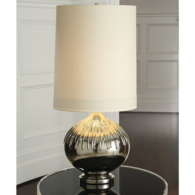 Global Views Pick-Up Sticks Table Lamp
Dimensions: 18"DIA x 38.5"H
Holds a 60W "A" lamp bulb
8' clear silver cord; the switch is at the socket
Round drum hardback shade with white linen self trim
Ceramic base with electroplated nickel finish