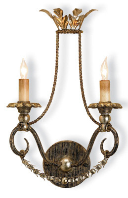 Currey & Co Anise Wall Sonce
Dimensions: 11w x 17h x 6d
Materials: wrought iron/composite
Graceful curves become even more striking with Barcelona Gold Leaf and Silver Leaf embellishment. Wall sconces are sold as pin-ups which allows them to be either hard wired or plugged in.