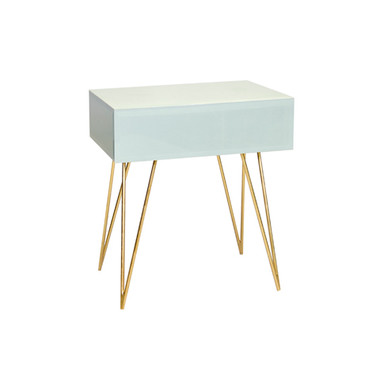 Ice glass Debra night stand with gold hairpin legs by Worlds Away.