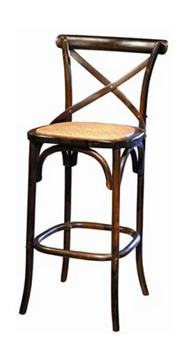 Bentwood Parisian style bar stool in chocolate brown. The seat is padded with a woven rattan cover. By Furniture Classics Ltd.