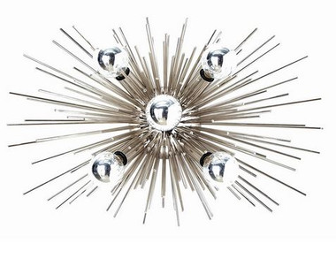 A further exploration of this popular design, this polished nickel starburst embraces the five light bulbs creating dramatic shadows and patterns on the walls.