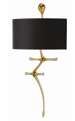 This organic brass sconce finished in gold leaf speaks to movement as it arches from the wall.