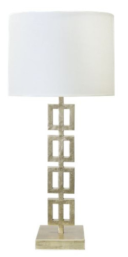 SILVER LEAF VERTICAL SQUARES TABLE LAMP WITH WHITE LINEN SHADE BY WORLDS AWAY.