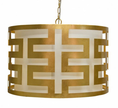 GOLD LEAFED GREEK KEY PENDANT WITH INTERIOR SHADE BY WORLDS AWAY.