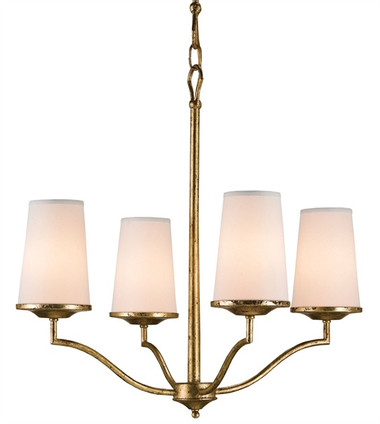Gilt bronze candelabra Howard chandelier four linen shade 60 watt light fixture by Currey & and Company