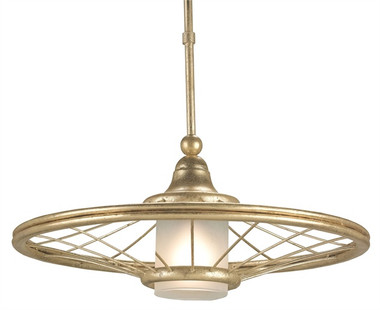 Rollick Pendant Chandelier by Currey & and Co. Company in wrought iron Dutch gold metal and frosted glass diffuser with 60 watt bulbs