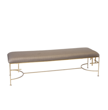 With a nod to Hollywood Regency style, the Augusta 60" bench is just as comfortable as it is opulent. A stunning hammered base is hand finished in gold leaf and topped with an upholstered cushion in timeless beige linen. Perfectly sized for many spaces: as a dining bench, in an entry foyer. Let your imagination soar! 

Seat Height: 18" 