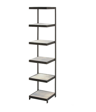Six square antiqued mirror shelves are supported and framed by blackened iron bands. The cantilever design and size make this an ideal piece to store rolled towels in a bathroom, display stacked books, or use as a bar