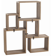 Five-piece wood modular shelving unit in washed oak finish and are connected with bronze clamps. Shelves are movable and can be assembled in several different ways.