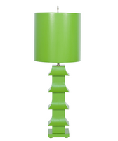 LMPHG Table Lamp from Worlds Away
Tiered and towering with four elegant eaves, our slim, apple green Pagoda-style lamp is a study in modern antiquity. Topped with a coordinating painted tole shade, nickel harp and finial.Â  Â *Customize in any color from the Benjamin Moore paint deck.Â 

11" dia painted tole shade. UL approved for one 60 watt bulb.

Diameter:11"

Â 

Benjamin Moore Rosemary Green 2029-30; Benjamin Moore Baby Fern 2029-20

“Please allow 4-6 weeks for our artisans to complete hand painted items”

Width:11.00"
Height:30.00"
Depth:11.00"