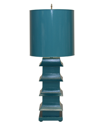 Tall pagoda shaped turquoise distinctive table lamp made of metal