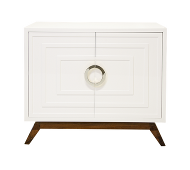 small scale modern white media cabinet with stained base and square nickel, handles,has adjustable shelves and two doors lacquered finish