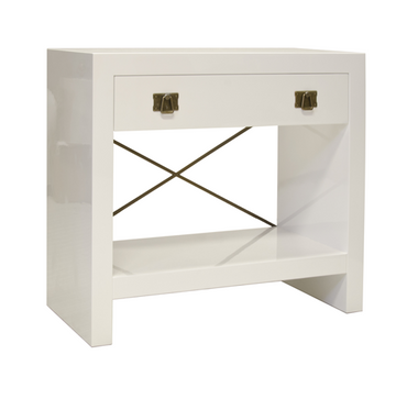 White lacquer nightstand with brass accents