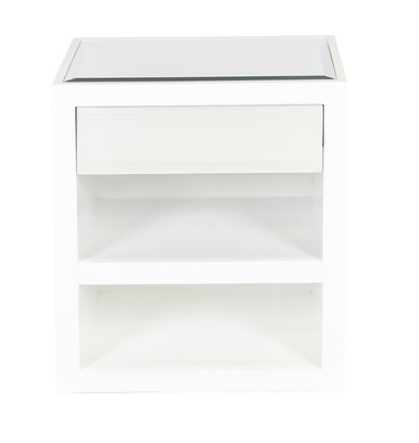 White lacquer cabinet with mirrored top and facing drawer