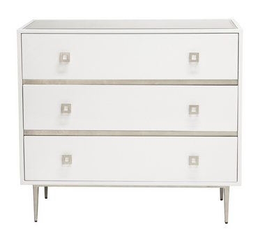 WHITE LACQUER 3 DRAWER CHEST WITH SILVER LEAF HARDWARE & BASE