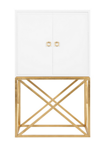 Gorgeous white lacquered bar cabinet with gold legs and details.