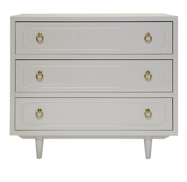 GRAY LACQUER 3 DRAWER CHEST WITH ANTIQUE BRASS HARDWARE.