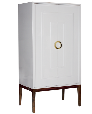 WHITE LACQUER 2 DOOR ARMOIRE WITH HARDWOOD BASE & BRASS HARDWARE