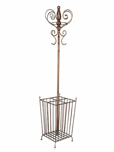 Whimsical metal coat rack with umbrella stand in antique gold finish