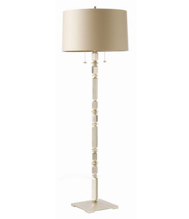 Satin silver finish on steel gives this intricate column lamp an simple elegance. Note the bottom detail on the pull chains and the tapered finial. The taupe shade has a just a bit of glimmer, is lined and has a top diffuser.