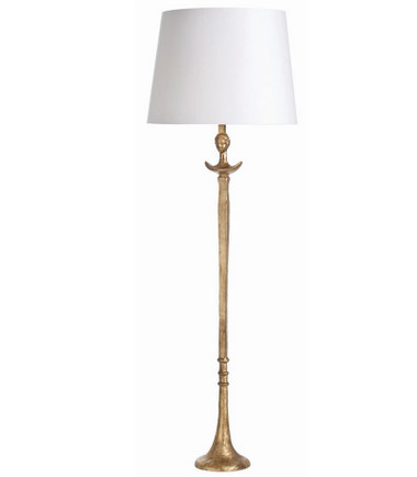 Transitional hammered iron floor lamp in gold leaf finish features sculptured and ring details with horn-like base. Topped with oval white parchment shade. 3-way switch.