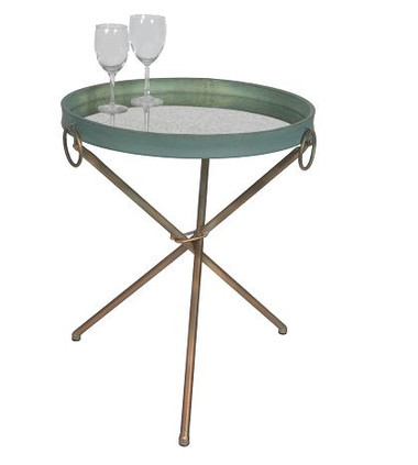 TEAL & GOLD SUMNER TRAY TABLE WITH ANTIQUE MIRROR, 20"DIA x 24"H