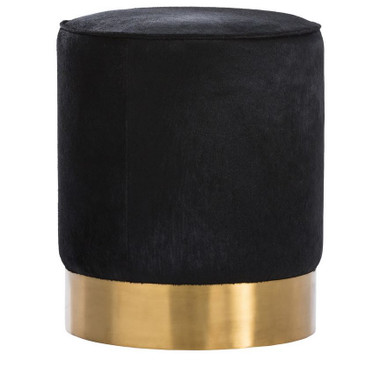 A contemporary profile with a luxe Regency feel, this drum-style ottoman is upholstered in black hair-on-hide and sits atop a brushed brass plinth base. The contrast of texture is both elegant and modern. Soft and inviting as an extra seat, a pair would capture attention tucked under a console. Cowhide will naturally vary in color.