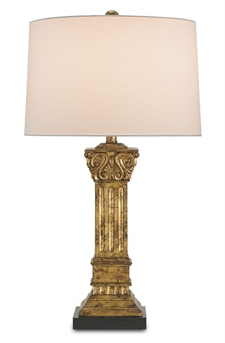 Gilded antiqued gold leaf composite Corinthian column style table lamp a classic design be integrated into any style room with great impact.
15 watt maximum 28" high and 15" diameter shade