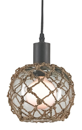 The nautically inspired Fairwater Pendant is a classic design featuring a clear glass globe adorned with Natural Abaca weave overlay and an Old Iron finished base.