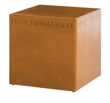 Embossing a simple leather cube with words and phrases reminiscent of ancient Greek and Latin creates a side table that is modern with a classic element that harkens back to the dawn of Greek and Roman civilization. The top grain leather is the color of butterscotch and is untreated guaranteeing that it will age and mark over time.