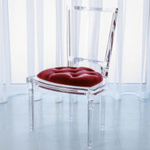 Italian molded clear acrylic was inspired by our best selling Marilyn chairs. This version, Red Pepper  features a rich juxtaposition of a tufted mohair cushion with traditional silhouette in clear acrylic. Available in 6 saturated colors. Dye lots may vary slightly.