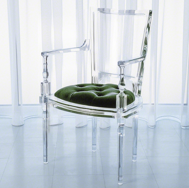 Italian molded clear acrylic was inspired by our best selling Marilyn chairs. This version features a rich juxtaposition of a tufted mohair cushion with traditional silhouette in clear acrylic. Available in 7 saturated colors. Dye lots may vary slightly.