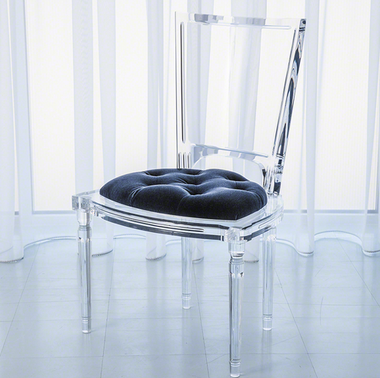 Italian molded clear acrylic was inspired by our best selling Marilyn chairs. This version features a rich juxtaposition of a tufted mohair cushion with traditional silhouette in clear acrylic. Available in 7 saturated colors. Dye lots may vary slightly.