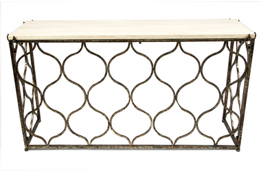 Scott console table with stone top and aged black and gold finish