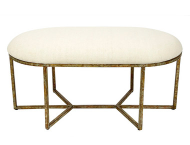 Winston long round bench with beige linen fabric and champagne gold finish