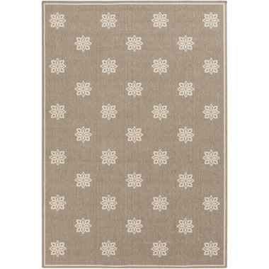 An outdoor rug with a simple beige floral design for your home.