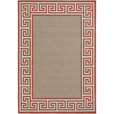 An outdoor rug with a classic rust and beige design for your home.
