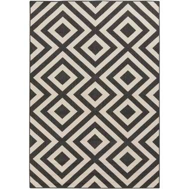 Outdoor rug with an elegant black and beige geometric pattern for your home.
