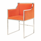 Beautiful plush orange velvet nickel frame modern design arm chair perfect for that pop of color as an occasional chair or dramatic seating   in a dining room