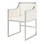 white linen nickel frame modern sleek arm chair 20" seat height 28" arm height other dimensions 20.5' wide 34" high 21" deep