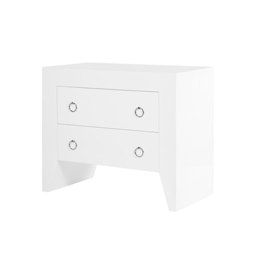 Shiny white lacquer two drawer chest perfect for bedside or living room end table complimented with nickel hardware 34" wide 29" HIgh and 18" Deep
