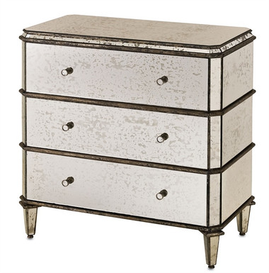 Featuring the alluring combination of antique finished wood and finely crafted Antique Mirror, the Antiqued Mirror Chest of Drawers is both highly functional and stylish. Three generously sized drawers offer plenty of room to store clothes, linens or other small items.