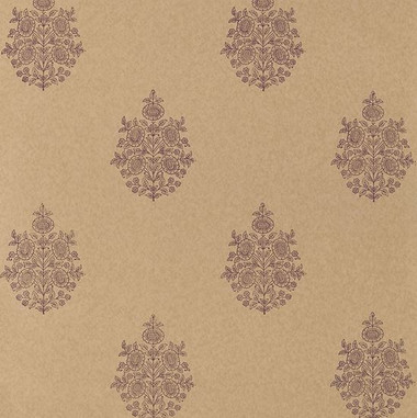 This traditional floral motif features a symmetrical medallion created with delicate linework, and block printed in an allover half drop pattern. Colorations range from classic Delft blue printed on white to rich Aubergine against a craft paper tan ground.