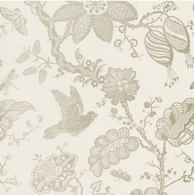 Schumacher's popular linen print, Bali Vine, is reproduced as a dramatic 54" wide wall covering. With table screen printed on a heavy and breathable non-woven paper, this exotic design of a flowering vine and tropical birds features a grand vertical repeat of more than seven feet high, and is offered in a range of neutrals and metallic silver.