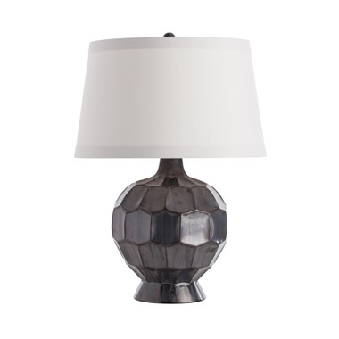 Each faceted section of this spherical-shaped ceramic lamp reflects the light a bit differently, emphasizing the surface pattern and enhancing the gunmetal glaze. The beautiful gray coloration is an updated neutral, a perfect accent to pastels or darks. Topped with a tapered ash microfiber shade and darker, gunmetal finial to match. Finish may vary.
Overall Dimension H: 25
Overall Diameter: 18
Overall Foot Print Dimensions: 6.5 dia
Body Dimension H: 14.5
ocket Quantity: 01
Socket Type: Type A- E26, 3-Way
Socket Wattage: 150
Switch Color: Black
Switch Location: At Socket
Switch Type: 3-Way Rotary
Cord Color: Clear/Silver
Cord Length (Exit): 8