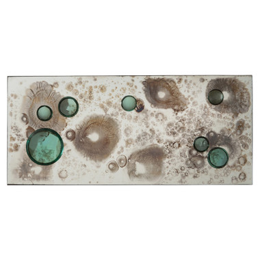 Unique mirror utilizes multiple styles, methods and materials to create its stained antique finish. Its solid glass bubbles are hand-applied, while the splattered antique finish is a product of a reaction between the raw glass and a chemical solution. Can be hung vertically or horizontally and we think it would be great in pairs. Features a se